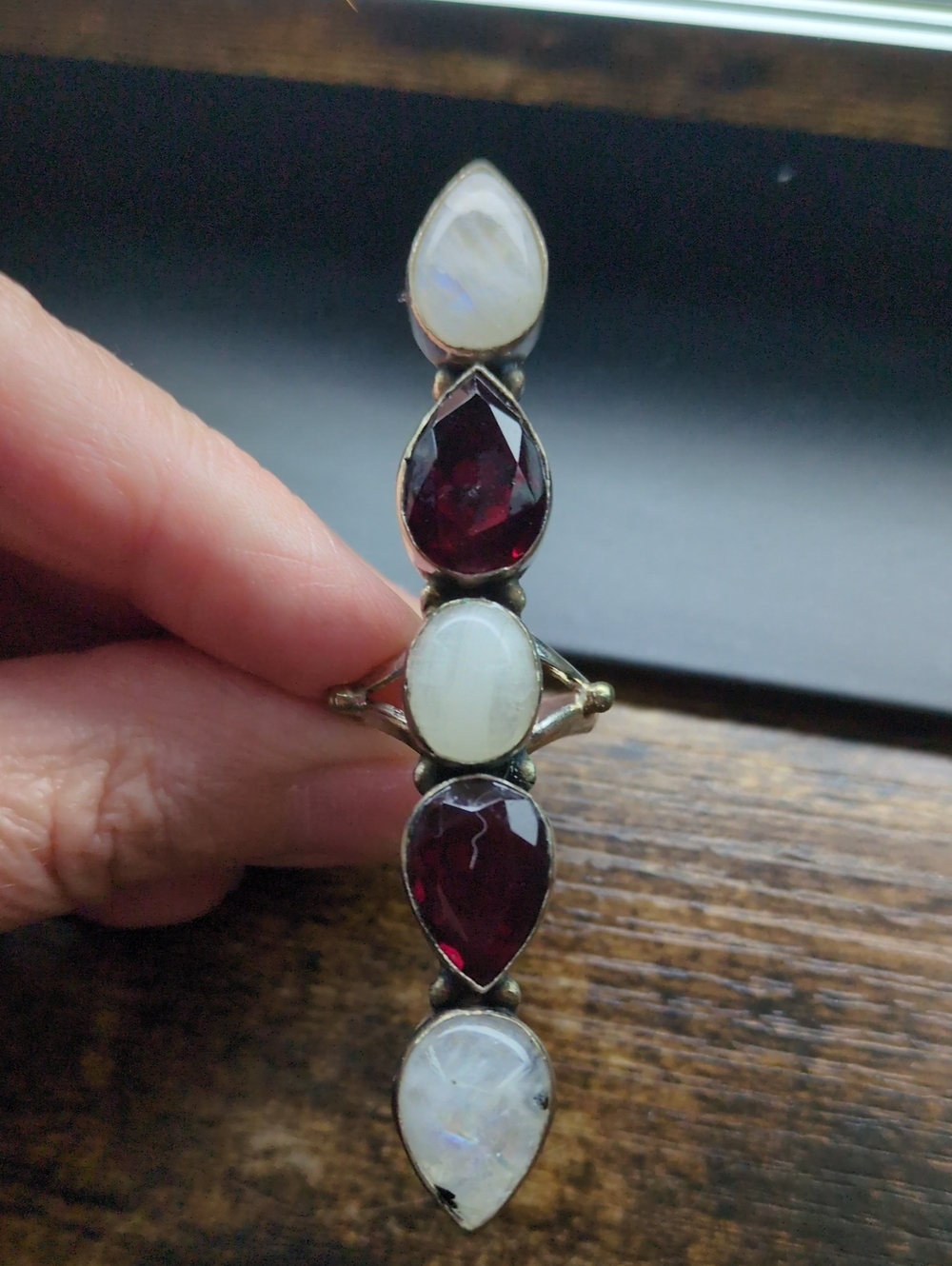 Handcrafted Teardrop Garnet and Moonstone Ring - White and Deep Red